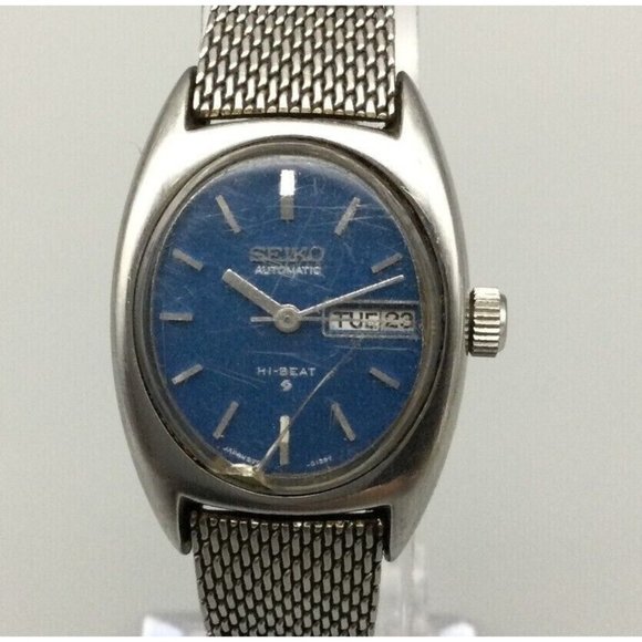 Seiko Accessories - Vintage Seiko Automatic Watch Women Silver Tone Date Blue Oval Dial Mesh Band